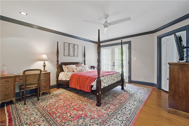 bedroom with crown molding, ceiling fan, light wood-style floors, access to exterior, and baseboards