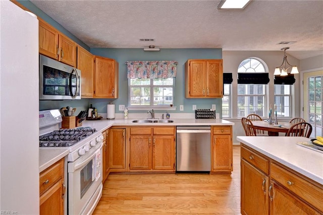 kitchen with light wood finished floors, stainless steel appliances, light countertops, and a sink
