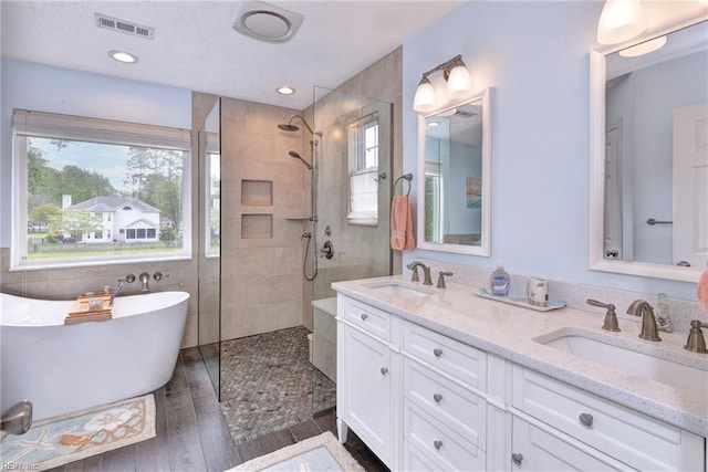 bathroom with a freestanding bath, visible vents, a walk in shower, and a sink