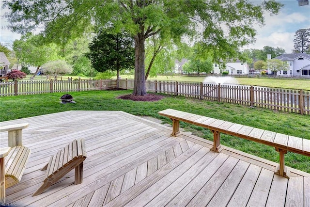 deck with a yard, a fenced backyard, and a residential view