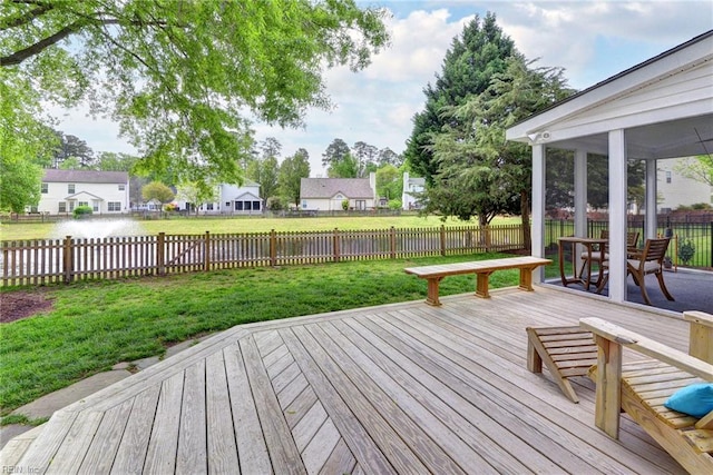 deck featuring a lawn, a fenced backyard, and a residential view