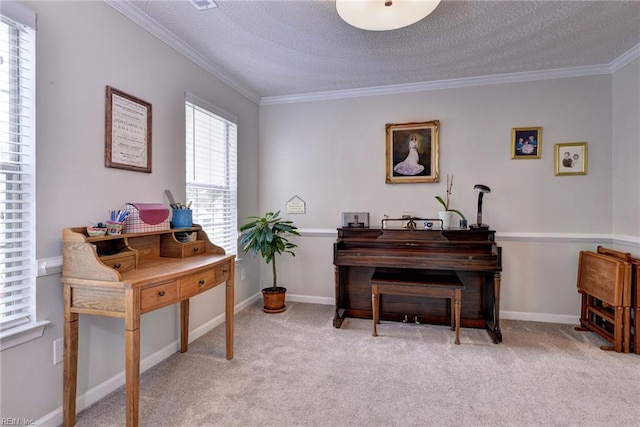 living area with carpet, a textured ceiling, and ornamental molding