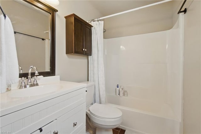 bathroom with toilet, shower / bath combination with curtain, and vanity