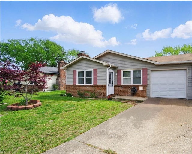 single story home with a garage, brick siding, a front lawn, and driveway