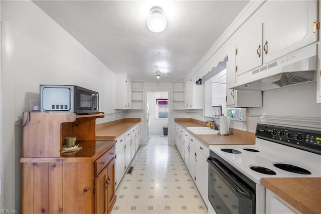 kitchen featuring a sink, electric range, light floors, open shelves, and under cabinet range hood