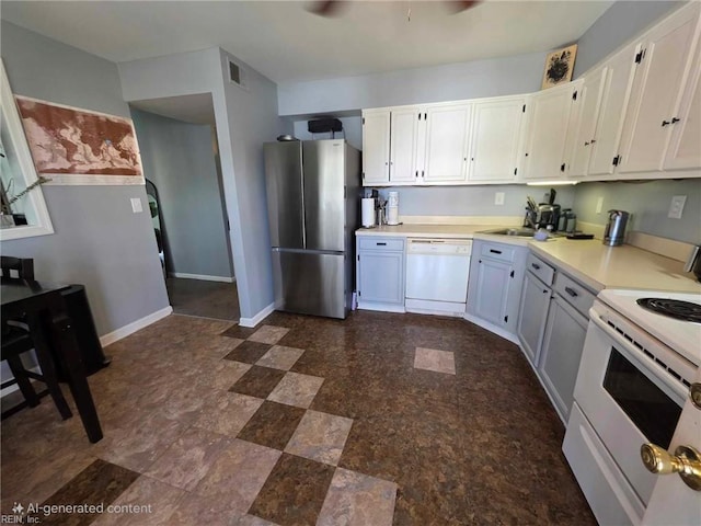 kitchen featuring light countertops, visible vents, white appliances, baseboards, and white cabinetry