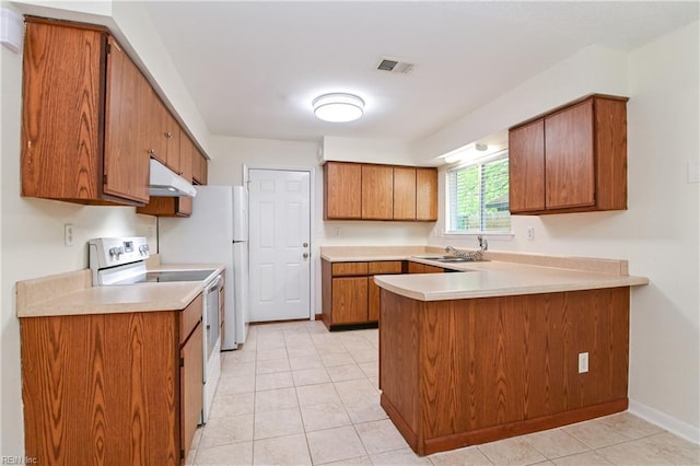kitchen featuring brown cabinets, under cabinet range hood, electric stove, visible vents, and a peninsula