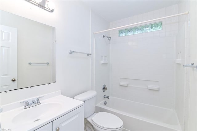 full bath with toilet, vanity, and bathing tub / shower combination