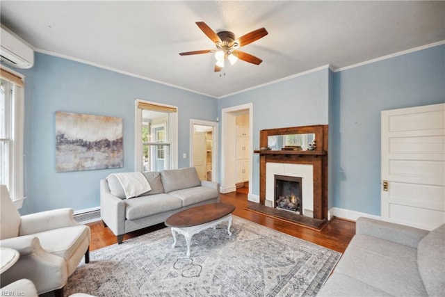 3716 Colonial Ave, Norfolk, VA 23508 - living area with a wall unit AC, ceiling fan, wood finished floors, plenty of natural light, and ornamental molding