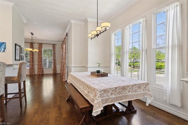dining area with wainscoting, crown molding, dark wood-style floors, and an inviting chandelier