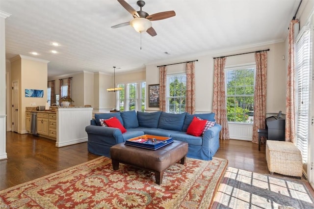 living room featuring dark wood-type flooring, crown molding, recessed lighting, and ceiling fan with notable chandelier