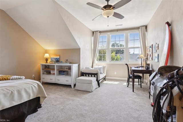 bedroom with carpet floors, visible vents, a ceiling fan, and baseboards