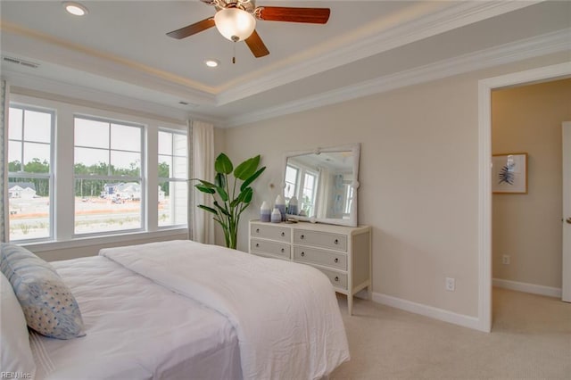 bedroom with light carpet, baseboards, ornamental molding, visible vents, and recessed lighting