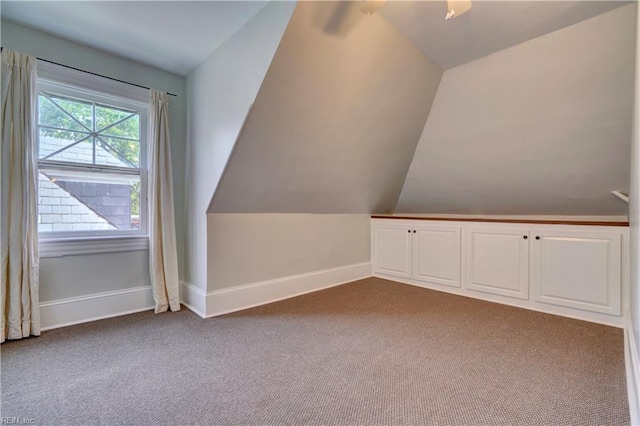 additional living space featuring lofted ceiling, baseboards, and carpet flooring