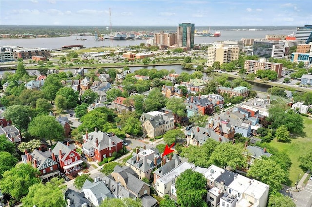 aerial view featuring a view of city and a water view
