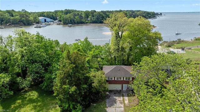 aerial view featuring a water view