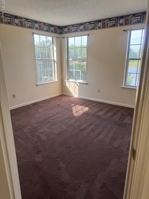 unfurnished room featuring carpet, baseboards, and a textured ceiling