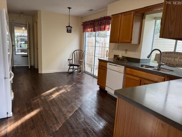kitchen with dark countertops, a sink, white appliances, brown cabinetry, and dark wood-style flooring