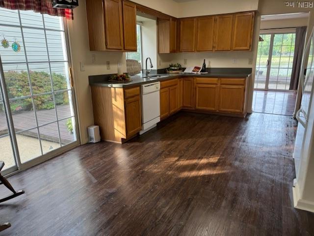 kitchen featuring a sink, dark countertops, brown cabinetry, dishwasher, and dark wood-type flooring