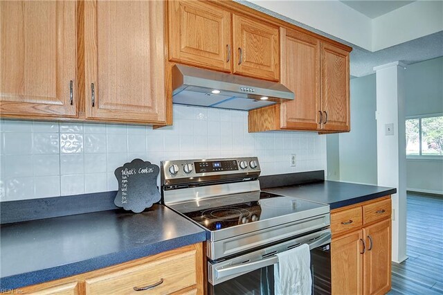 kitchen featuring stainless steel electric stove, under cabinet range hood, backsplash, and dark countertops