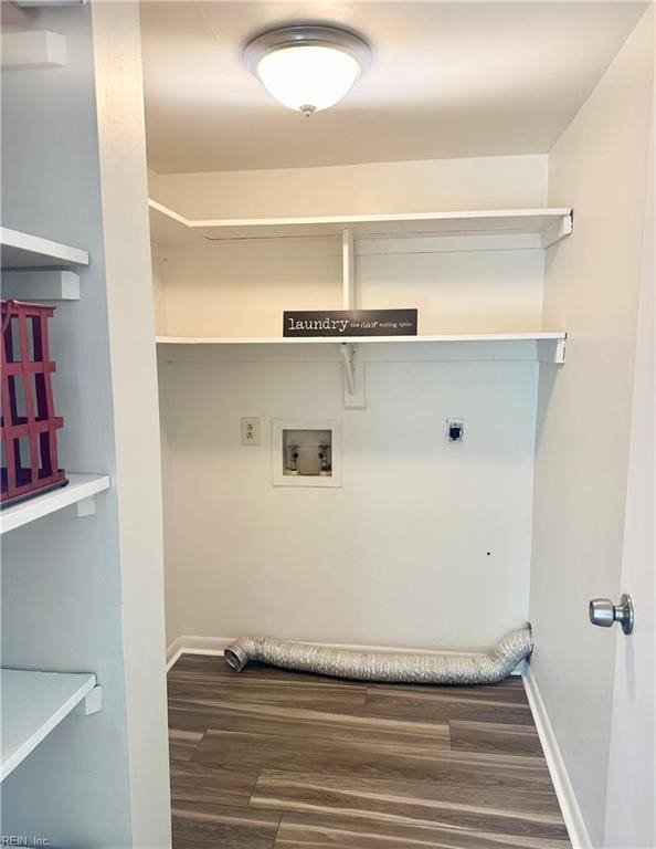 laundry room with wood finished floors, hookup for an electric dryer, baseboards, laundry area, and washer hookup