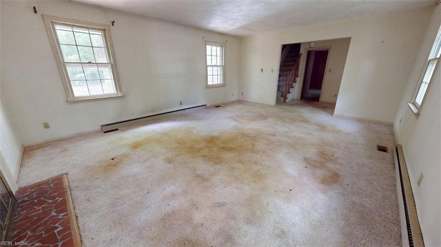 spare room with plenty of natural light, a baseboard radiator, a baseboard heating unit, and carpet flooring