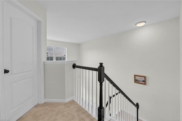 staircase featuring carpet and baseboards