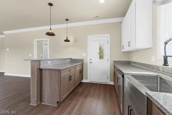 kitchen featuring stainless steel dishwasher, a sink, dark wood-style flooring, white cabinetry, and ornamental molding