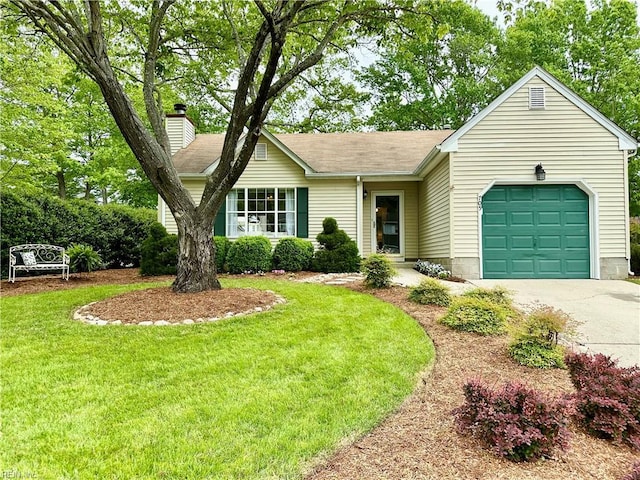 single story home featuring an attached garage, a chimney, a front yard, and concrete driveway