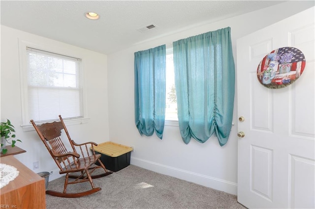 sitting room featuring recessed lighting, carpet, visible vents, and baseboards