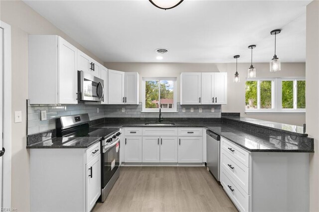 kitchen with appliances with stainless steel finishes, a sink, light wood-style floors, and plenty of natural light