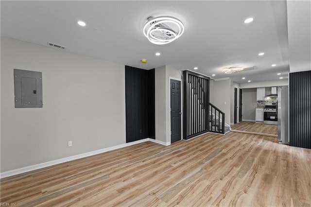unfurnished living room with recessed lighting, electric panel, baseboards, and visible vents