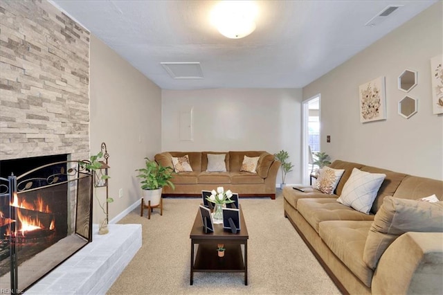 4904 Aquarius Ct, Virginia Beach, VA 23464 - carpeted living area featuring a fireplace, attic access, and baseboards