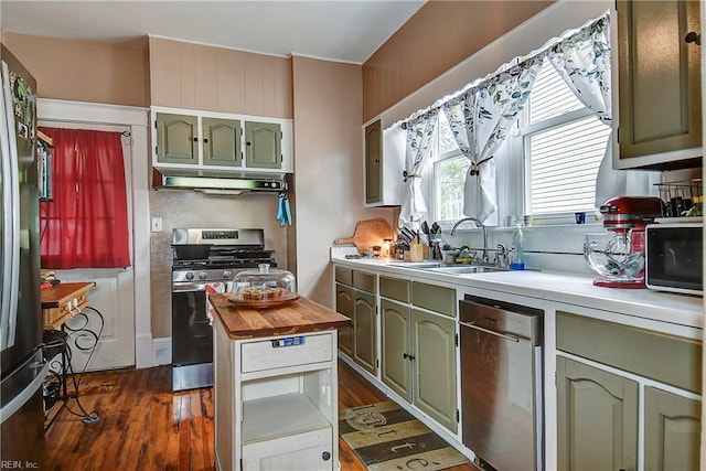 kitchen with stainless steel appliances, under cabinet range hood, a sink, and green cabinetry