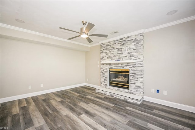 unfurnished living room with a ceiling fan, wood finished floors, and ornamental molding