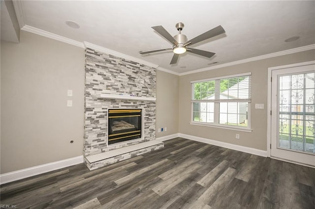unfurnished living room featuring a ceiling fan, baseboards, a fireplace, and dark wood-style flooring