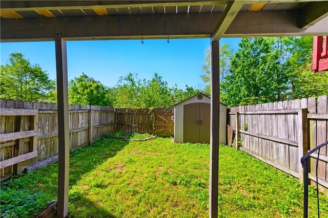 view of yard featuring a fenced backyard, a storage unit, and an outbuilding