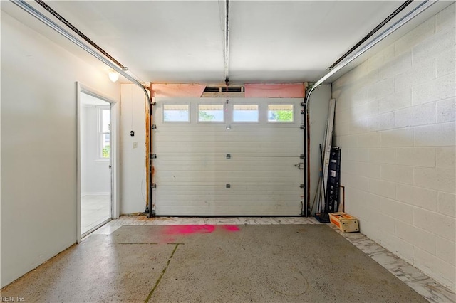 garage with concrete block wall