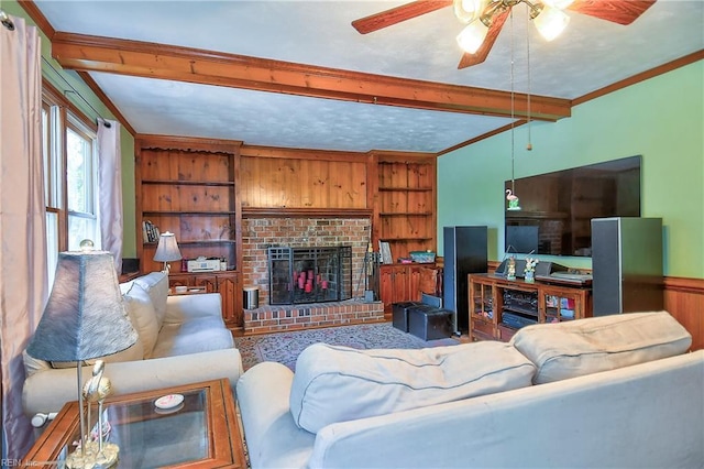617 Saint Brides Rd W, Chesapeake, VA 23322 - living room with beam ceiling, ceiling fan, and a brick fireplace
