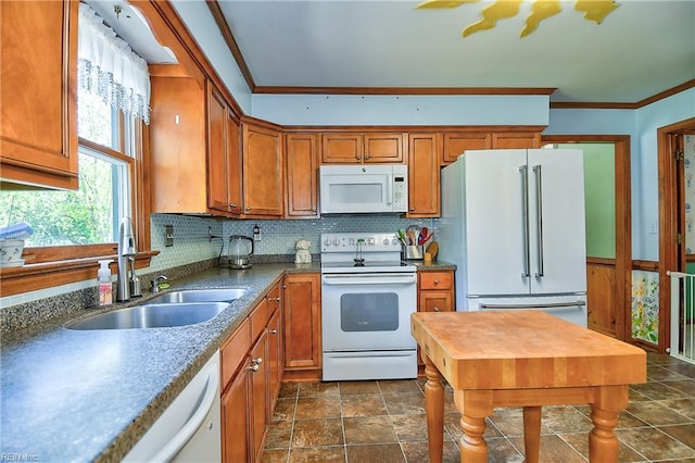 617 Saint Brides Rd W, Chesapeake, VA 23322 - kitchen featuring a sink, brown cabinets, backsplash, white appliances, and ornamental molding