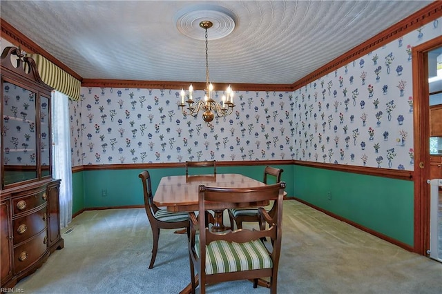 617 Saint Brides Rd W, Chesapeake, VA 23322 - dining area featuring wallpapered walls, wainscoting, carpet, baseboards, and a notable chandelier