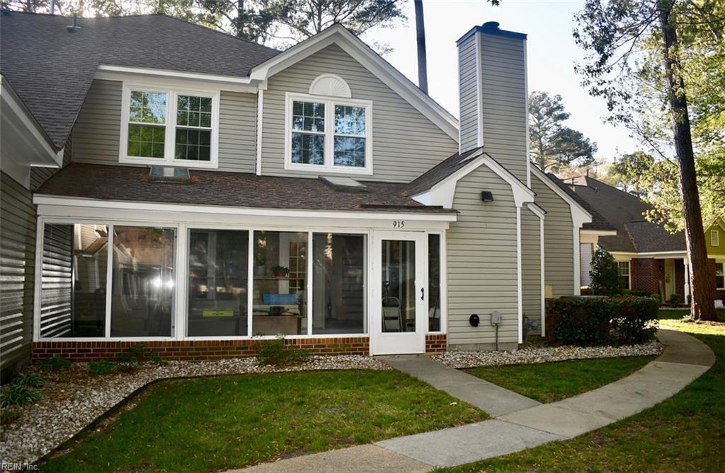 915 Niblik Way, Newport News, VA 23602 - rear view of house featuring a yard, a sunroom, a shingled roof, and a chimney
