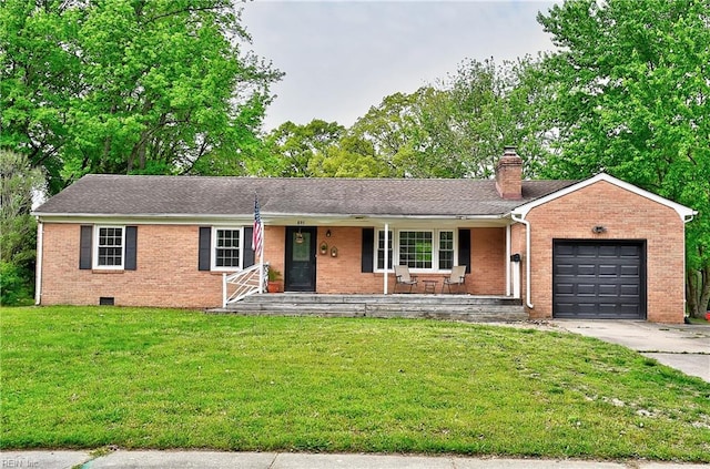 ranch-style home featuring brick siding, a garage, driveway, and covered porch