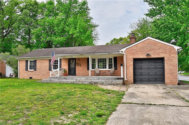 single story home featuring a chimney, concrete driveway, covered porch, brick siding, and an attached garage