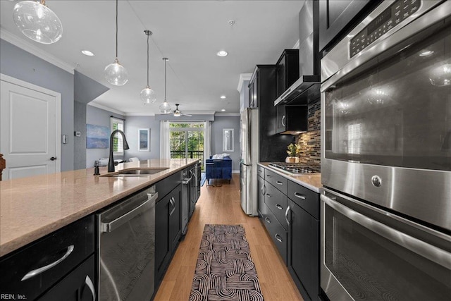 kitchen with ornamental molding, a sink, dark cabinetry, and stainless steel appliances
