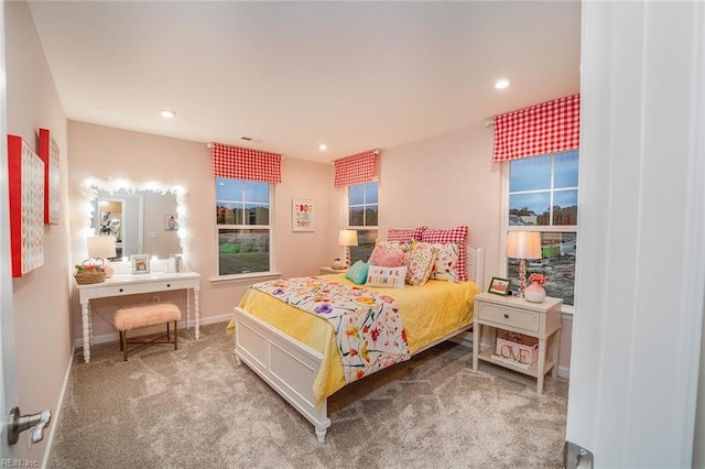 bedroom with recessed lighting, carpet, and baseboards