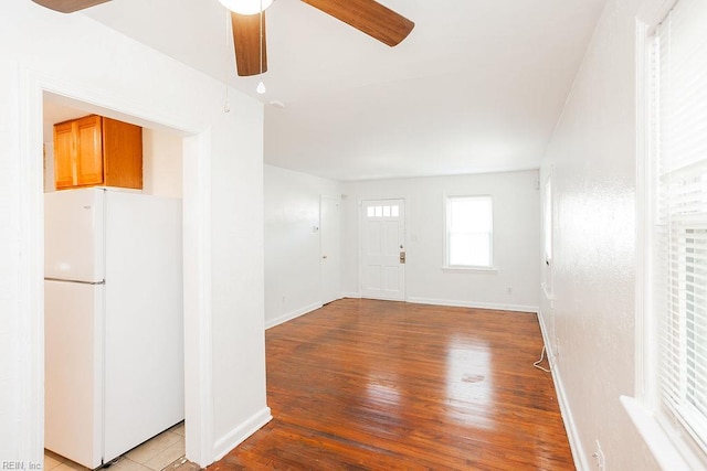 entryway featuring ceiling fan, baseboards, and wood-type flooring