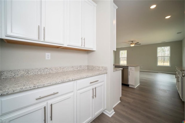 kitchen with recessed lighting, white cabinets, dishwasher, a ceiling fan, and dark wood-type flooring