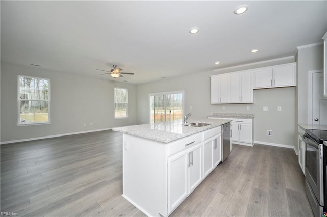 kitchen with ceiling fan, a sink, white cabinetry, and appliances with stainless steel finishes