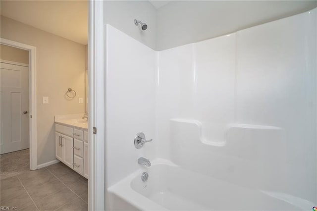 bathroom with shower / bathing tub combination, baseboards, tile patterned flooring, and vanity